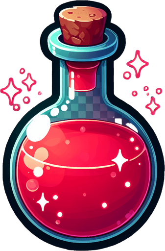 potion magique rouge.
Single Game Texture. In-Game asset. 2d. Blank background. High contrast. No shadows.