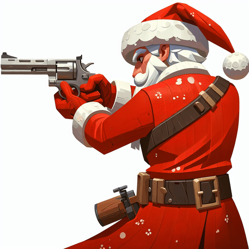 over the shoulder santa firing a revolver Single Game Texture. In-Game asset. 2d. Blank background. High contrast. No shadows.