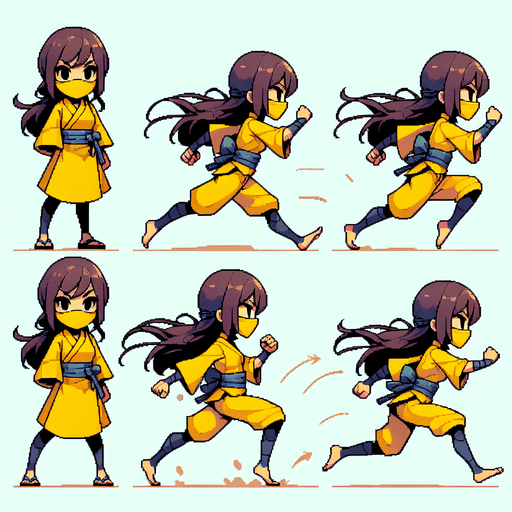 little ninja girl with a yellow kimono. Running frames: left and right legs in alternate positions.
2x2 sprite sheet