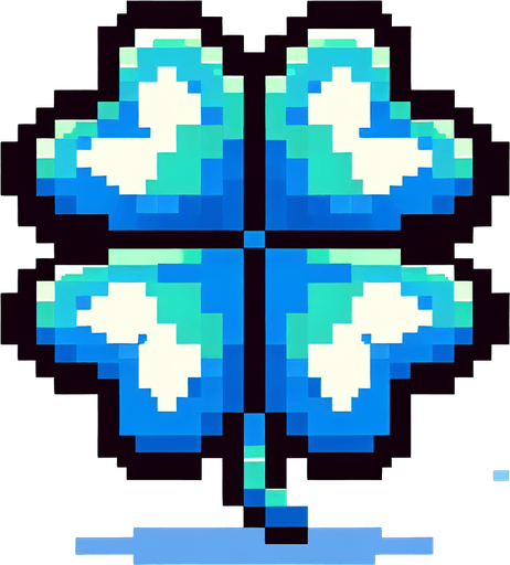 pixel art of a 4 leaf sky blue clover..
Single Game Texture. In-Game asset. 2d. Blank background. High contrast. No shadows.