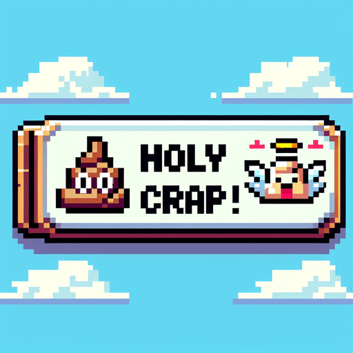 text saying "Holy Crap!" against a divine angelic poop banner. pixelated. 8-bit.
Single Game Texture. In-Game asset. 2d. Blank background. High contrast. No shadows.