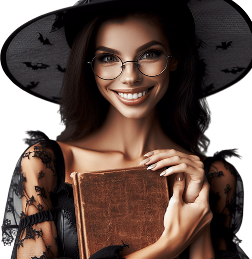 Yound generously beautifull teacher witch smiling, with glasses, a black witch hat, holding a little brown book in her hands and looking at the camera. wearing light black clothes. Torso head and hat should appear.