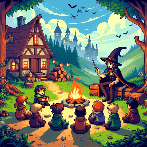 A campfire setting with a teacher and kids sitting down. Everyone dressed as wizards. I want the art style to reflect a classic 16-bit retro pixel art aesthetic, reminiscent of early 1990s RPGs with vibrant colors. The environment should have a rich, fantasy-themed design with intricate backgrounds and a nostalgic, old-school feel..
Single Game Texture. In-Game asset. 2d. Blank background. High contrast. No shadows.