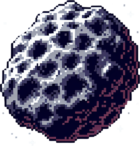 a pixelated asteroid.
Single Game Texture. In-Game asset. 2d. Blank background. High contrast. No shadows.