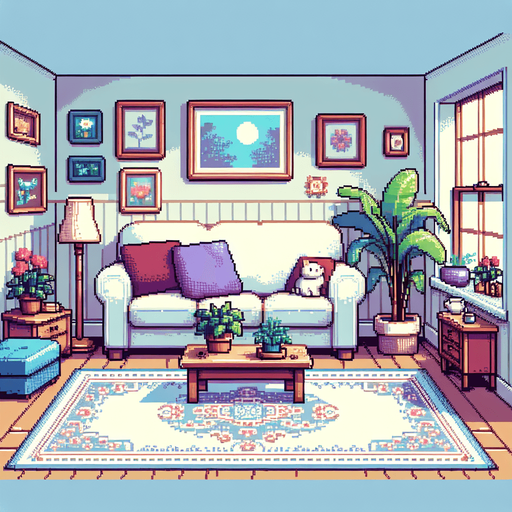 pixel art living room.
Single Game Texture. In-Game asset. 2d. Blank background.