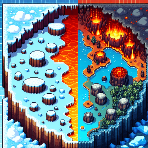 top-down bird-eye view perspective off a magical land, divided into two distinct elements of magma and ice. 8-bit pixelated.
Single Game Texture. In-Game asset. 2d. Blank background. High contrast. No shadows.