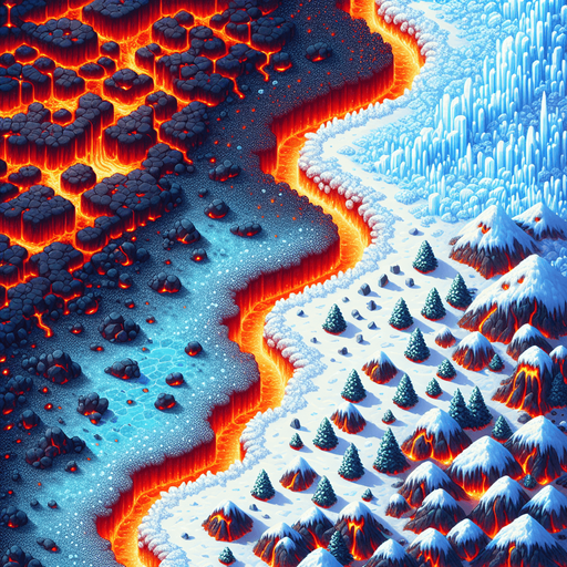 top-down bird-eye view perspective off a magical land, divided into two distinct elements of magma and ice. 8-bit pixelated.
Single Game Texture. In-Game asset. 2d. Blank background. High contrast. No shadows.