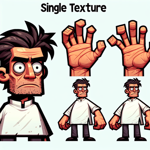 An insane, deranged man with a large right hand.
Single Game Texture. In-Game asset. 2d. Blank background. High contrast. No shadows.