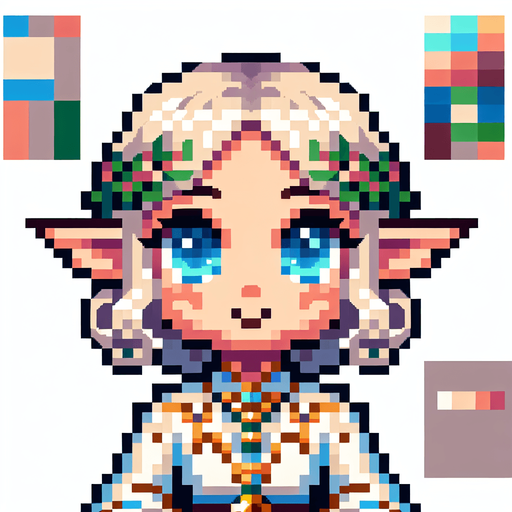 Pixel art of a cute elf.
Single Game Texture. In-Game asset. 2d. Blank background. High contrast. No shadows.