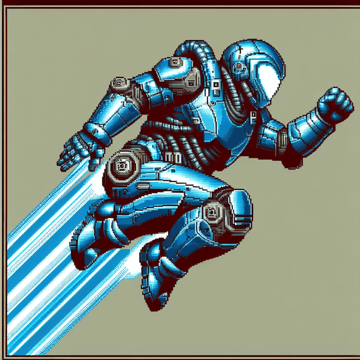 a blue iron man style armor flying.
Retro gaming style