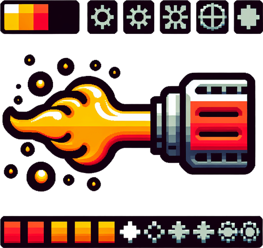 Bright yellow and red engine exhaust sprite sheet..
Single Game Texture. In-Game asset. 2d. Blank background. High contrast. No shadows.