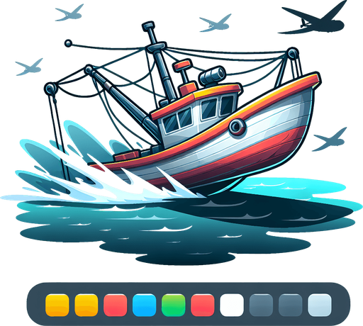 Create a cartoon-style illustration of a fishing boat. The goal is to capture a lively boat in action..
Single Game Texture. In-Game asset. 2d. Blank background. High contrast. No shadows.