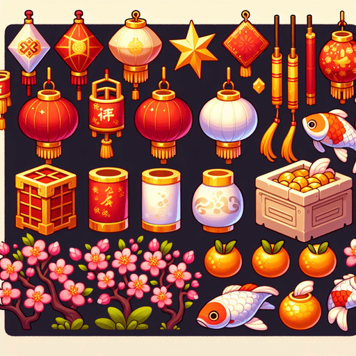 Sprite sheet with Hongbao, chinese Firecrackers, chinese lanters, Yuanbao, Koi Fish, chines Mandarin Oranges, chinese Plum Blossoms.
Game art.
Single Game Texture. In-Game asset. 2d. Blank background. High contrast. No shadows.