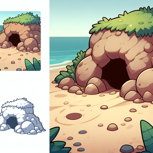 Create a cartoon-style illustration of a crab hole in the sand (without the crab, just the hole).
Single Game Texture. In-Game asset. 2d. Blank background. High contrast. No shadows.