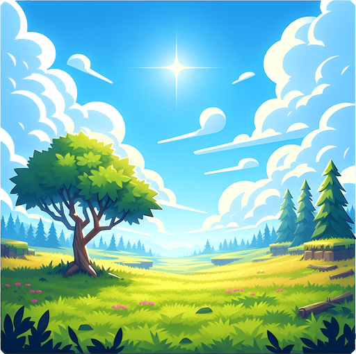 A grassy field with a bright blue sky.
In-Game asset. 2d. High contrast. No shadows.