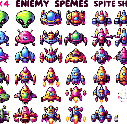 Sprite sheet of different Enemy spaceship, alien looking. Vibrant colors. Cartoon feeling. 4x4 sprite sheet..
Single Game Texture. In-Game asset. 2d. Blank background. High contrast. No shadows.