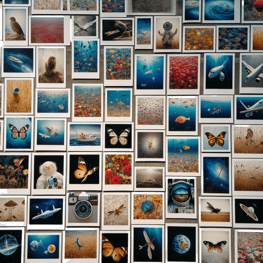 a multitude of polaroids in bulk, with photos of birds, fishes, butterflies, planes, hot air baloons, satelites, dragonflies.....