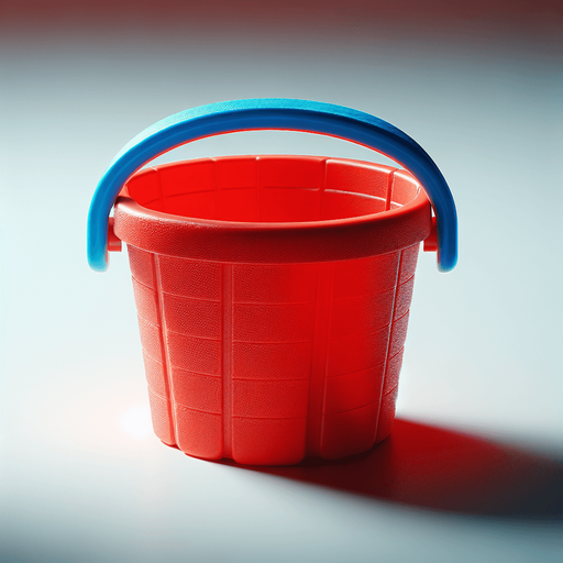 face view of a red beach bucket with a blue handle..
photo