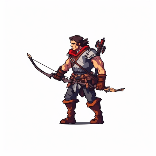 Heroic archer walking to the right.
Game Texture. In-Game asset. 2d. Pixelart. White background. Blank background. Low detail. High contrast.