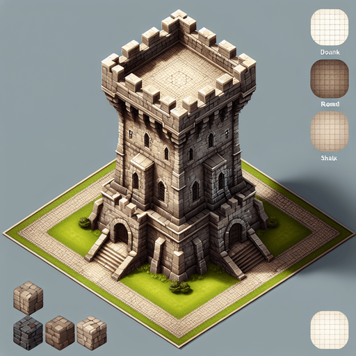 a medieval style stone tower. top down view. Single Game Texture. In-Game asset. 2d. Blank background. High contrast. No shadows.