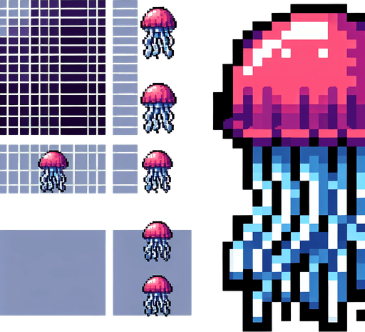 8bit. cartoon. jellyfish..
Single Game Texture. In-Game asset. 2d. Blank background. High contrast. No shadows.