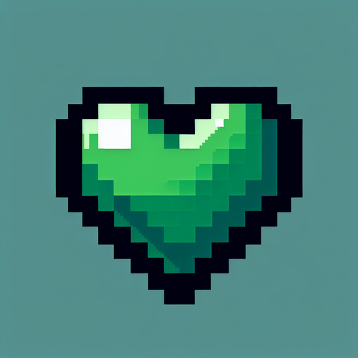 Pixel art heart green
Single Game Texture. In-Game asset. 2d. Blank background. High contrast. No shadows.