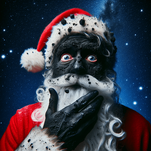 A funny Santa Claus  disheveled and covered by black soot after an explosion. stary night. High contrast.