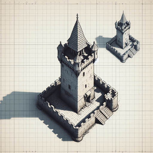 a medieval style stone tower. top down view. Single Game Texture. In-Game asset. 2d. Blank background. High contrast. No shadows.