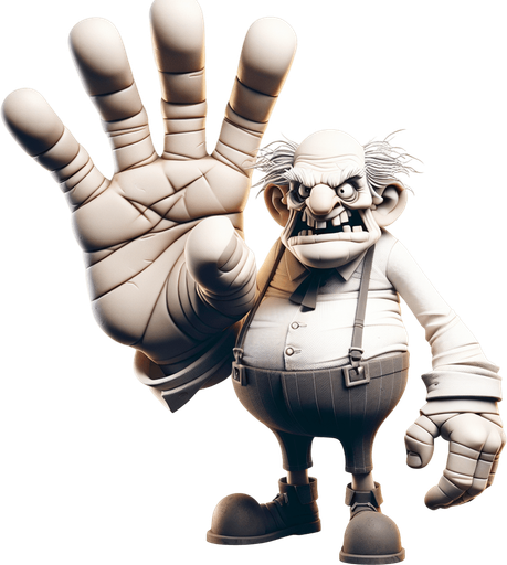 An insane, deranged man with a large right hand.
Single Game Texture. In-Game asset. 2d. Blank background. High contrast. No shadows.