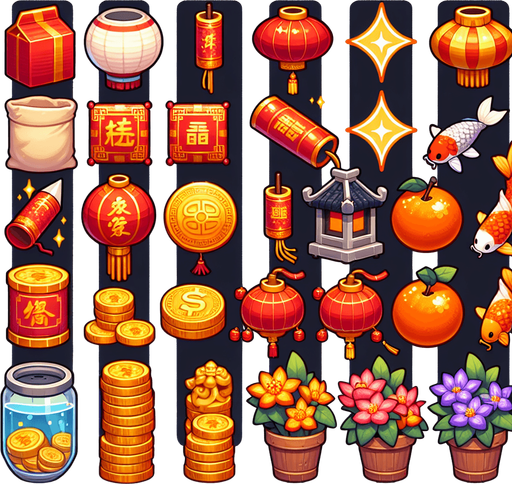 Sprite sheet with Hongbao, chinese Firecrackers, chinese lanters, Yuanbao, Koi Fish, chines Mandarin Oranges, chinese Plum Blossoms.
Game art.
Single Game Texture. In-Game asset. 2d. Blank background. High contrast. No shadows.