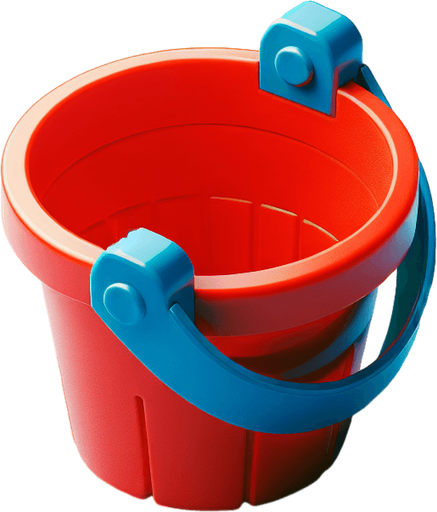 face view of a red beach bucket with a blue handle..
photo