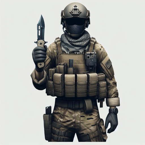 A military goon with a pocket knife.
Single Game Texture. In-Game asset. 2d. Blank background. High contrast. No shadows.