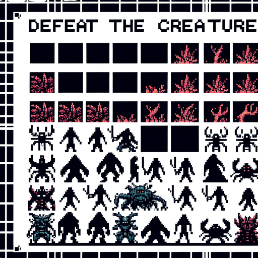 Text that says Defeat the creature, I want the art style to reflect a classic 16-bit retro pixel art aesthetic, reminiscent of early 1990s RPGs.
Single Game Texture. In-Game asset. 2d. Blank background. High contrast. No shadows.