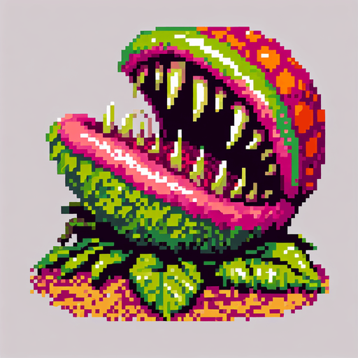 Head of a carnivorous plant, mouth open at top, pixel art
Single Game Texture. In-Game asset. 2d. Blank background. High contrast. No shadows.