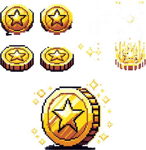 Create an 8-bit pixelated sprite sheet featuring a golden coin with a star symbol in the center. The coin should be viewed from multiple perspectives to create the illusion of spinning in place, with each frame showing slight rotational movement. The sprite sheet should include enough frames to produce a smooth spinning animation, with consistent shading and highlights to enhance the 3D effect of the coin rotating. The star symbol should remain centered and consistent throughout the animation, while the outer edges of the coin shift to reflect the spin..
Single Game Texture. In-Game asset. 2d. Blank background. High contrast. No shadows.