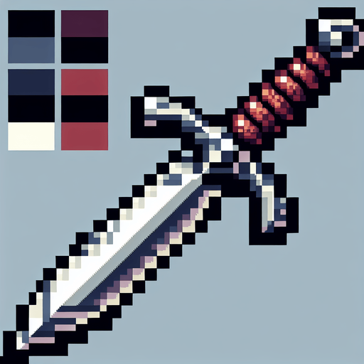 dagger pointing down
Single Game Texture. In-Game asset. 2d. Blank background. High contrast. No shadows. pixel. 8 bit