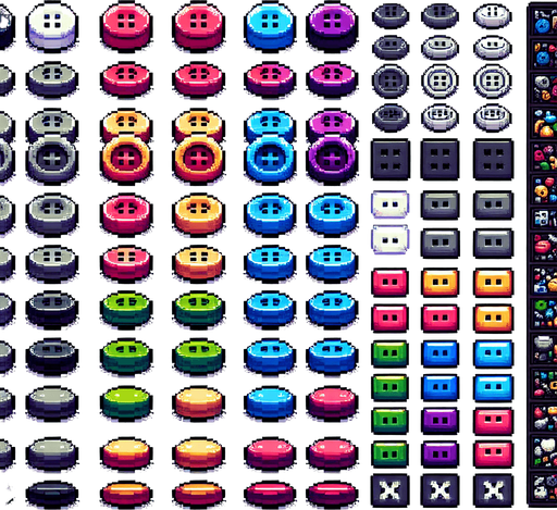 Create a sprite sheet featuring various sewing buttons. Each button should be distinct, with a cohesive color scheme containing a wide range of rainbow colors. The style should be detailed pixel art, reminiscent of classic 8-bit era video game. Arrange the components on a dark background, with each part neatly aligned in rows and columns for easy identification and use in game development..
Single Game Texture. In-Game asset. 2d. Blank background. High contrast. No shadows.