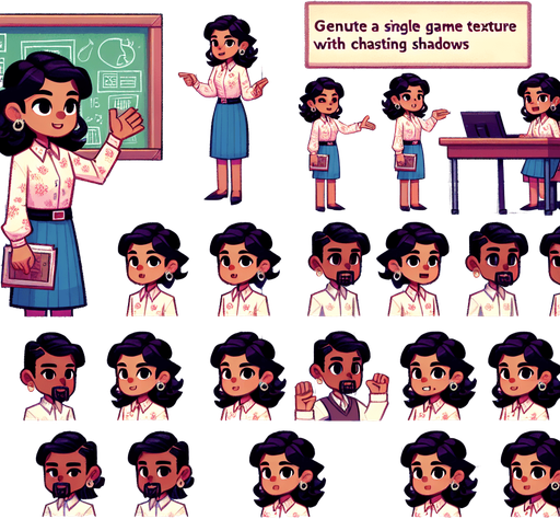 A spritesheet containing several poses of a young female teacher in front of her classroom..
Single Game Texture. In-Game asset. 2d. Blank background. High contrast. No shadows.