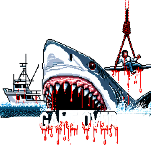 high quality pixel art based background image for a movie showing a Shark hung on a hunting fishing yacht. GAME OVER text written in sharp white fangs text with red blood dripping all around the text.
Single Game Texture. In-Game asset. 2d. Blank background. High contrast. No shadows.