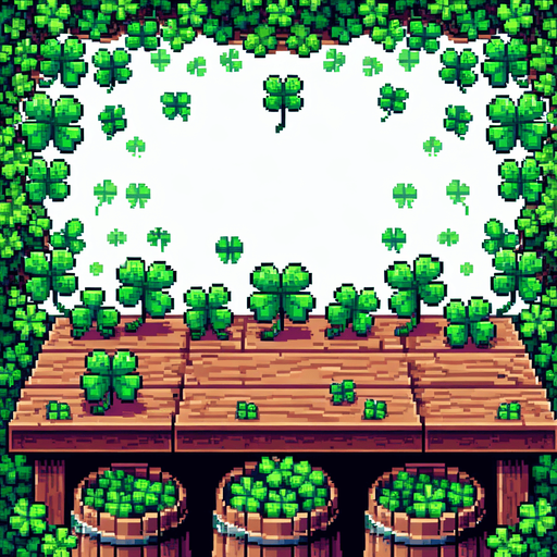 pixel art of a wood counter full of 4 leaf clovers.
front face view