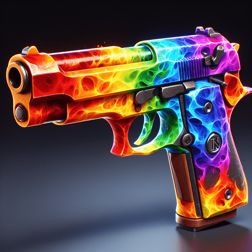 Pistol made of gaseous rainbow colored magic energy..
Single Game Texture. In-Game asset. 2d. Blank background. High contrast. No shadows.