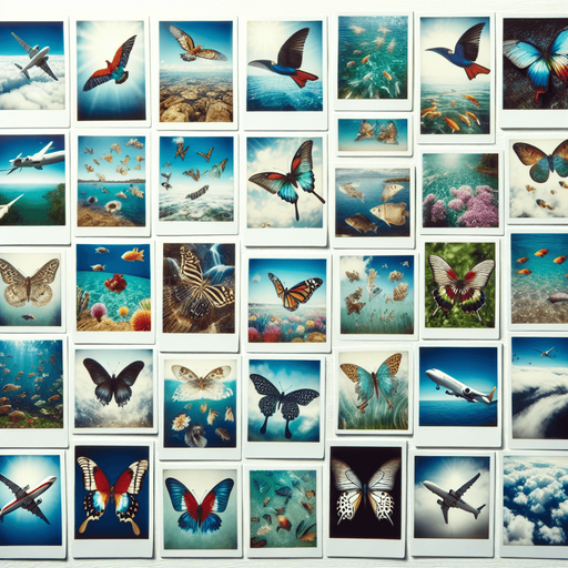 a multitude of polaroids in bulk, with photos of birds, fishes, butterflies, planes....