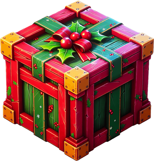 2d opened christmas crate Single Game Texture. In-Game asset. 2d. Blank background. High contrast. No shadows.