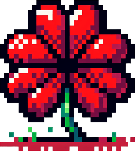 pixel art of a 4 leaf red clover..
Single Game Texture. In-Game asset. 2d. Blank background. High contrast. No shadows.