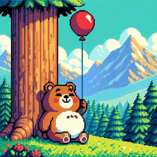 pixel art. a full screen illustration. a likeable and very satiated and content little bear cub with a red baloon is flying away from an incredibly tall redwood tree at considerable height. It's a bright summer day with a clear blue sky. Forest covered mountains in the distance. The overall feel should be happy complacency, even in a place of peril..
Single Game Texture. In-Game asset. 2d. Blank background. High contrast. No shadows.