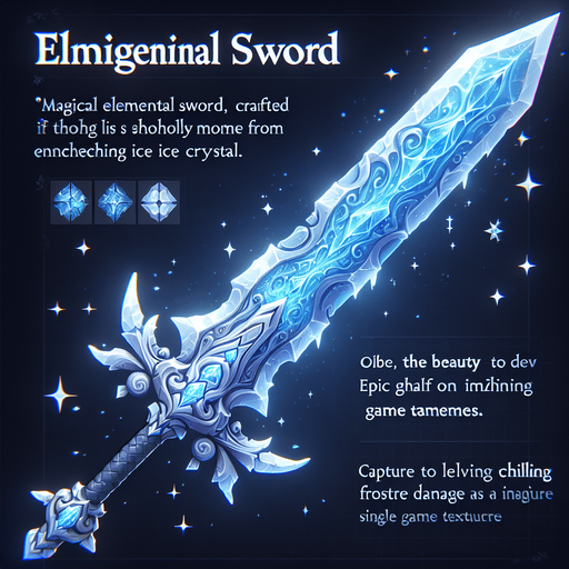 Magical elemental crystal sword made of ice..
Single Game Texture. In-Game asset. 2d. Blank background. High contrast. No shadows.