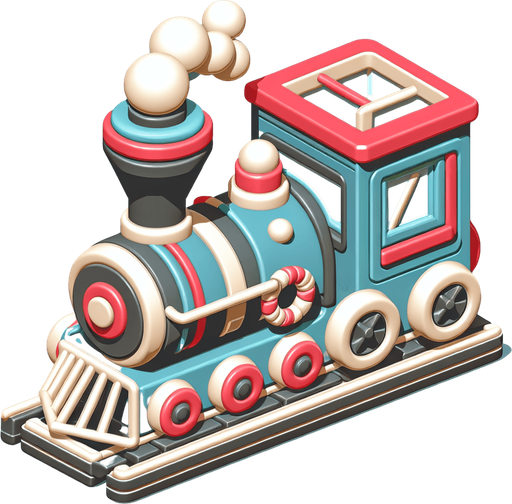 A christmas Miniature Train. Plastic style Single Game Texture. In-Game asset. 2d. Blank background. High contrast. No shadows.