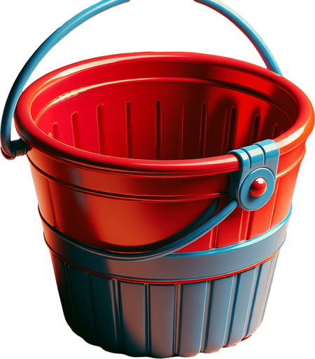 face view of a red beach bucket with a blue handle..
photo