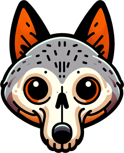 a fox with its skull visible on its right side of its head and grey fur with a pale orange on its eyes.
Single Game Texture. In-Game asset. 2d. Blank background. medium contrast. No shadows. cartoony. birdside view. full body. not facing the camera