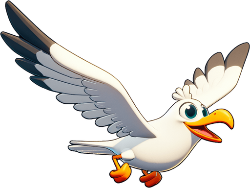 Create a cartoon-style illustration of a flying seagull. The goal is to capture a lively and playful character. Front perspective.
Single Game Texture. In-Game asset. 2d. Blank background. High contrast. No shadows.